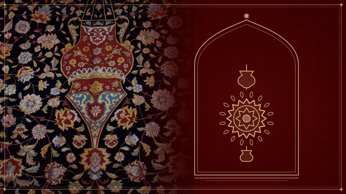 Mosque lamp motif on the navy field of the Azimzadeh Ardabil carpet, next to a gold line drawing of the Ardabil medallion and lamps