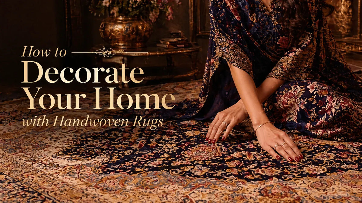 Woman in a traditional embroidered dress touching a finely knotted Persian rug with a floral all-over design