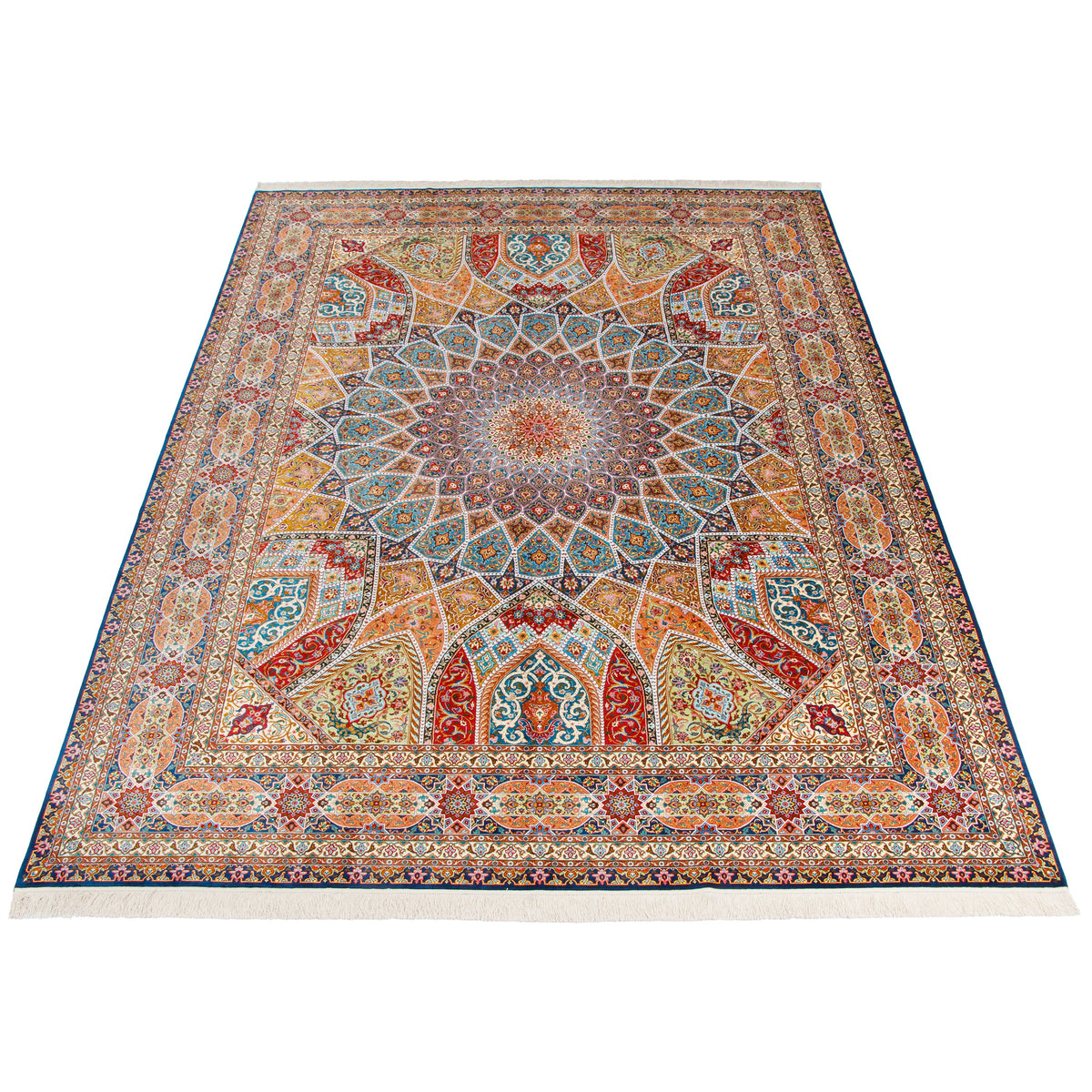 Tabriz handmade carpet with a colourful Gonbad dome design, shown in full