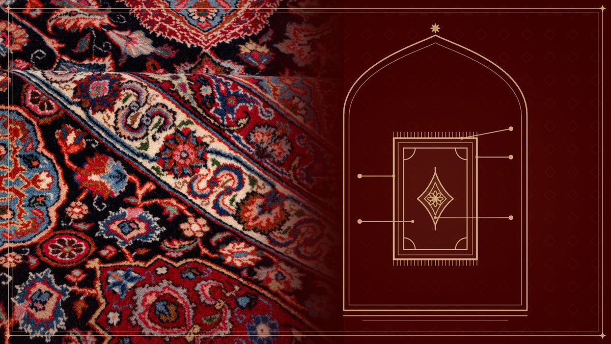 Close-up of a Mashhad handmade carpet, next to a gold line diagram of a carpet's border, field, medallion, corners and fringe