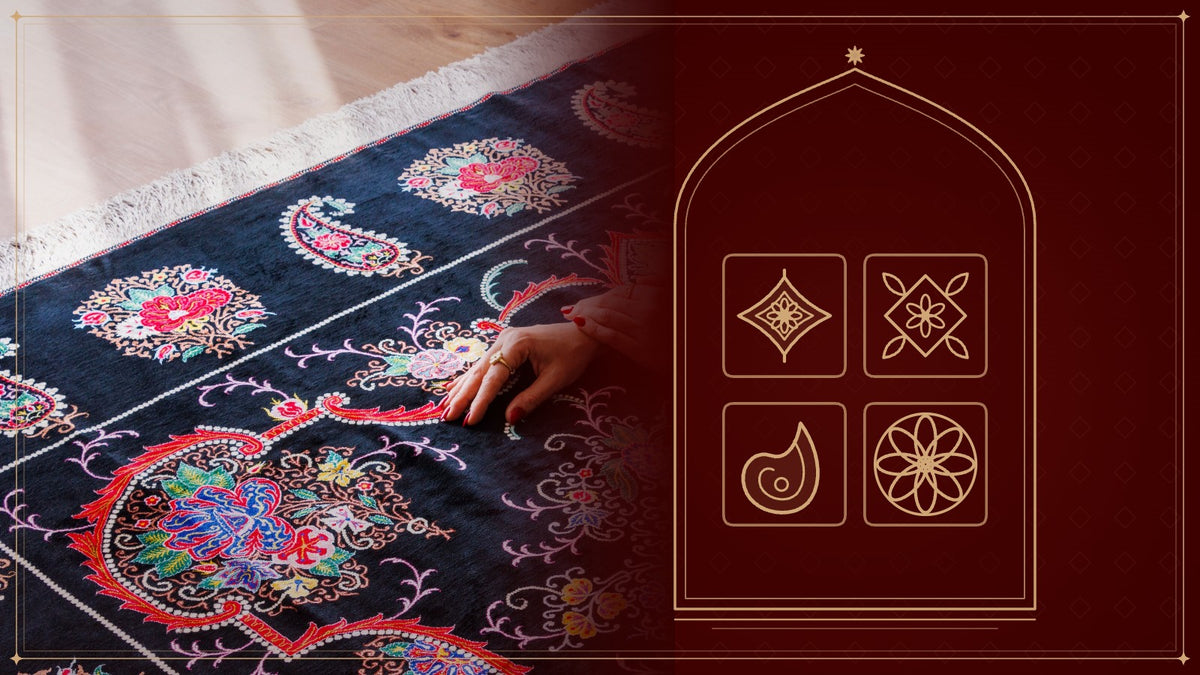 Hand on a black Persian carpet with boteh motifs, next to gold line drawings of a medallion, herati, boteh and rosette