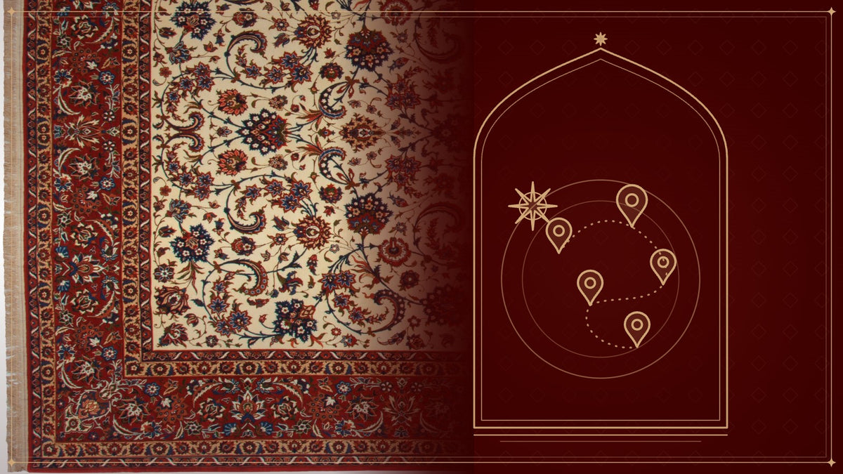 Corner of an Isfahan handmade carpet, next to a gold line drawing of a compass and map pins for the weaving centres