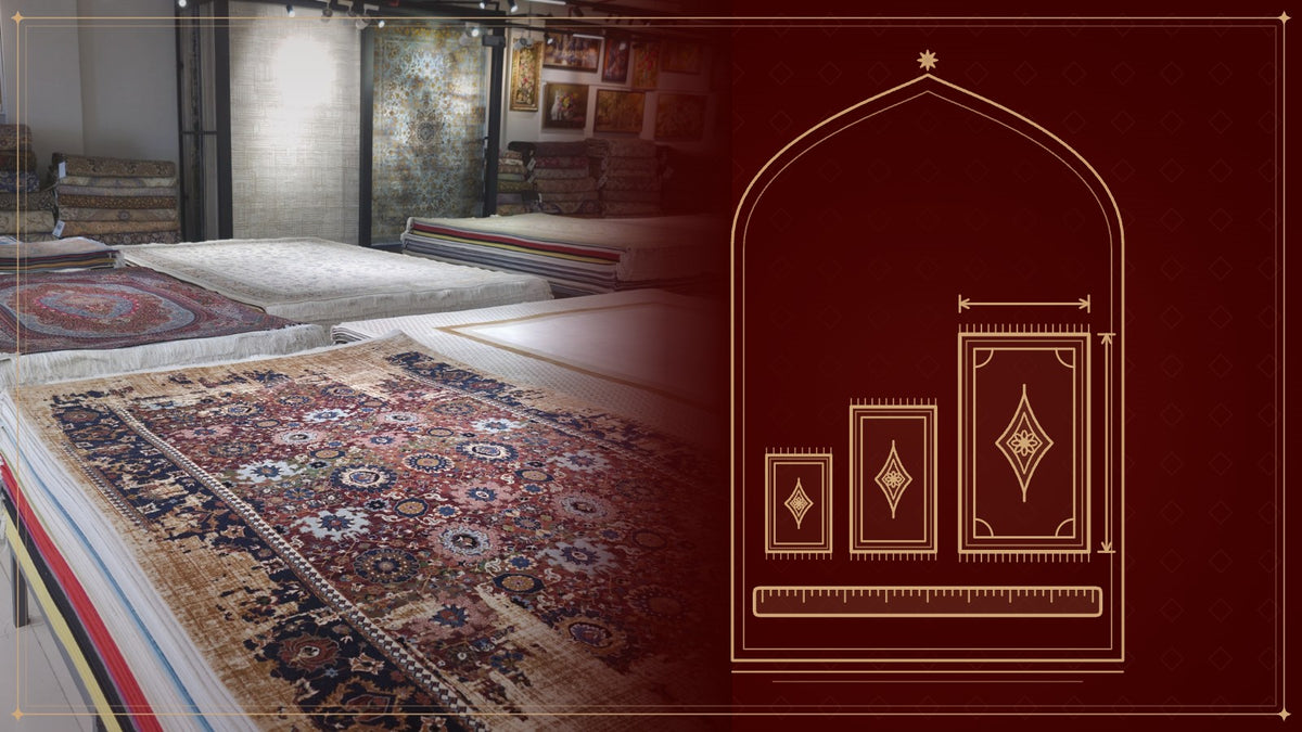 Persian rugs of different sizes on the Azimzadeh showroom floor, next to a gold line drawing of three rugs and a measuring tape
