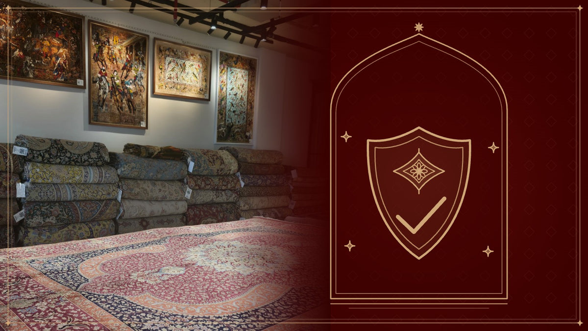 Azimzadeh showroom in Dubai with stacked handmade rugs and framed carpet wall art, next to a gold line drawing of a shield with a check mark