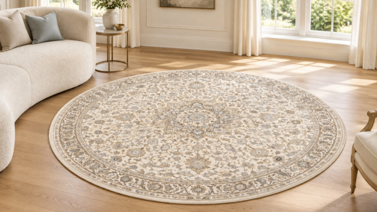 Round machine-made Persian-style rug in a bright living room