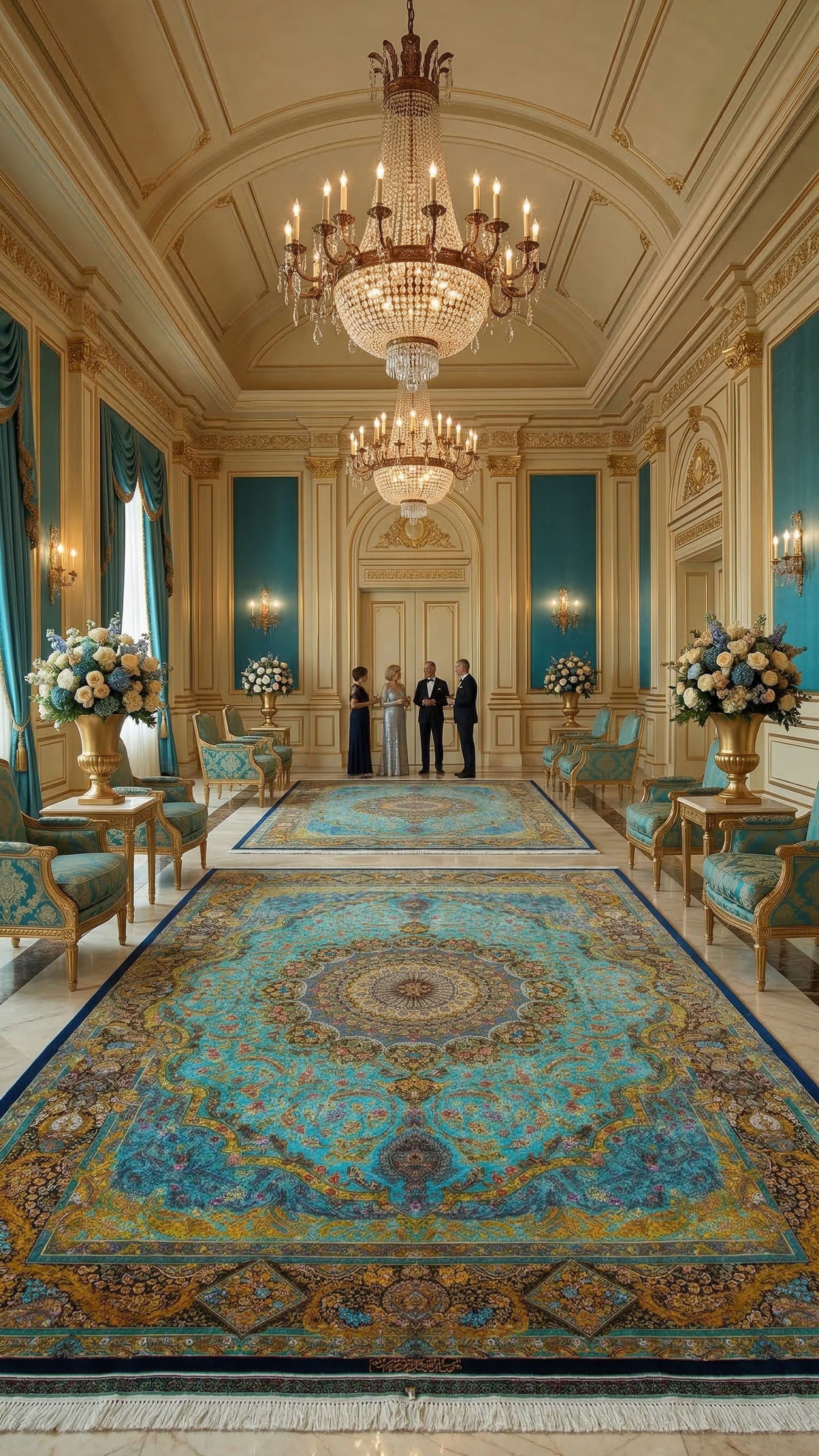 فرش دستباف قم - لچک ترنج | تمام ابریشم | 300 × 423 سانتیمتر | کد محصول 11200655