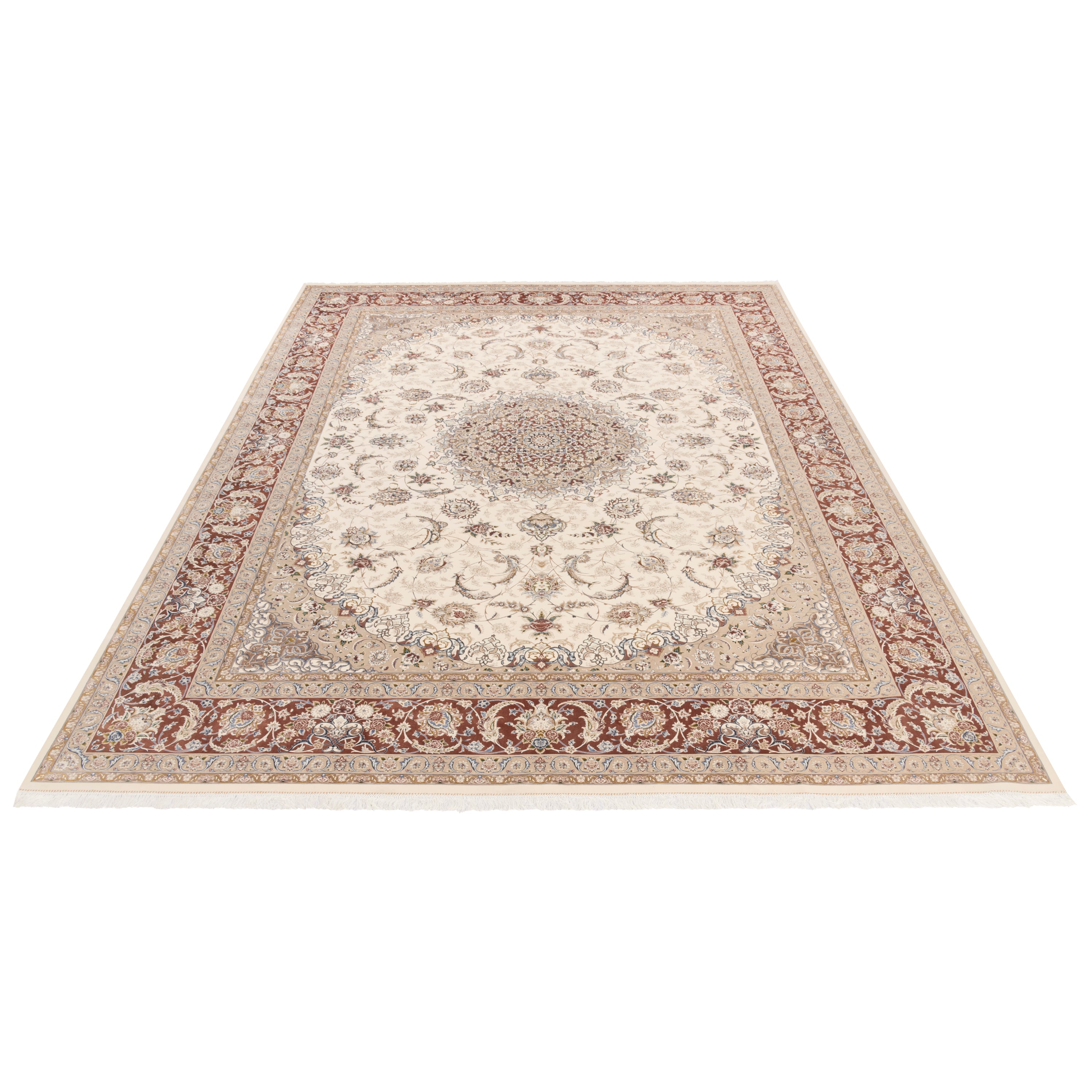 فرش ماشینی، طرح شاه عباسی ترنج و لچک، اکریلیک و ابریشم بامبو، SPU 200039