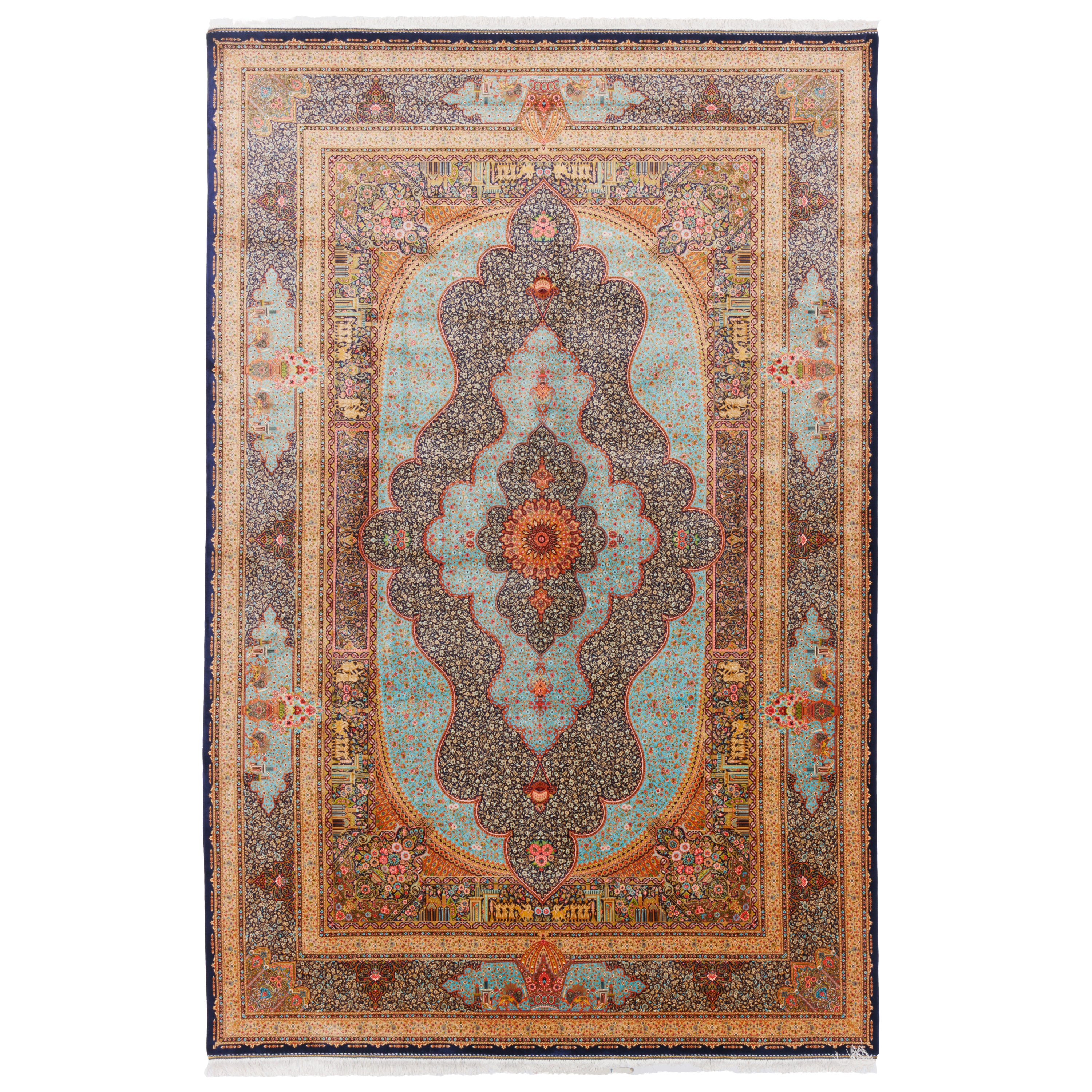 Machine-made Rug, Flowers & Leaves Medallion & Corner, Bamboo Silk, SPU 800212