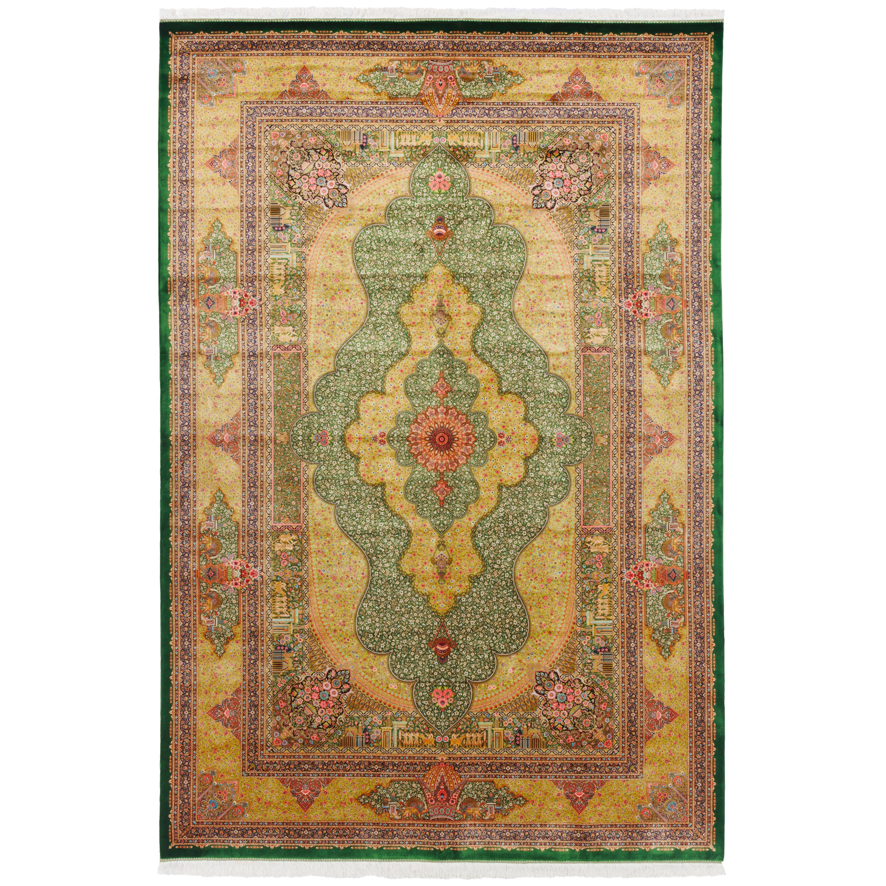 Machine-made Rug, Flowers & Leaves Medallion & Corner, Bamboo Silk, SPU 800212