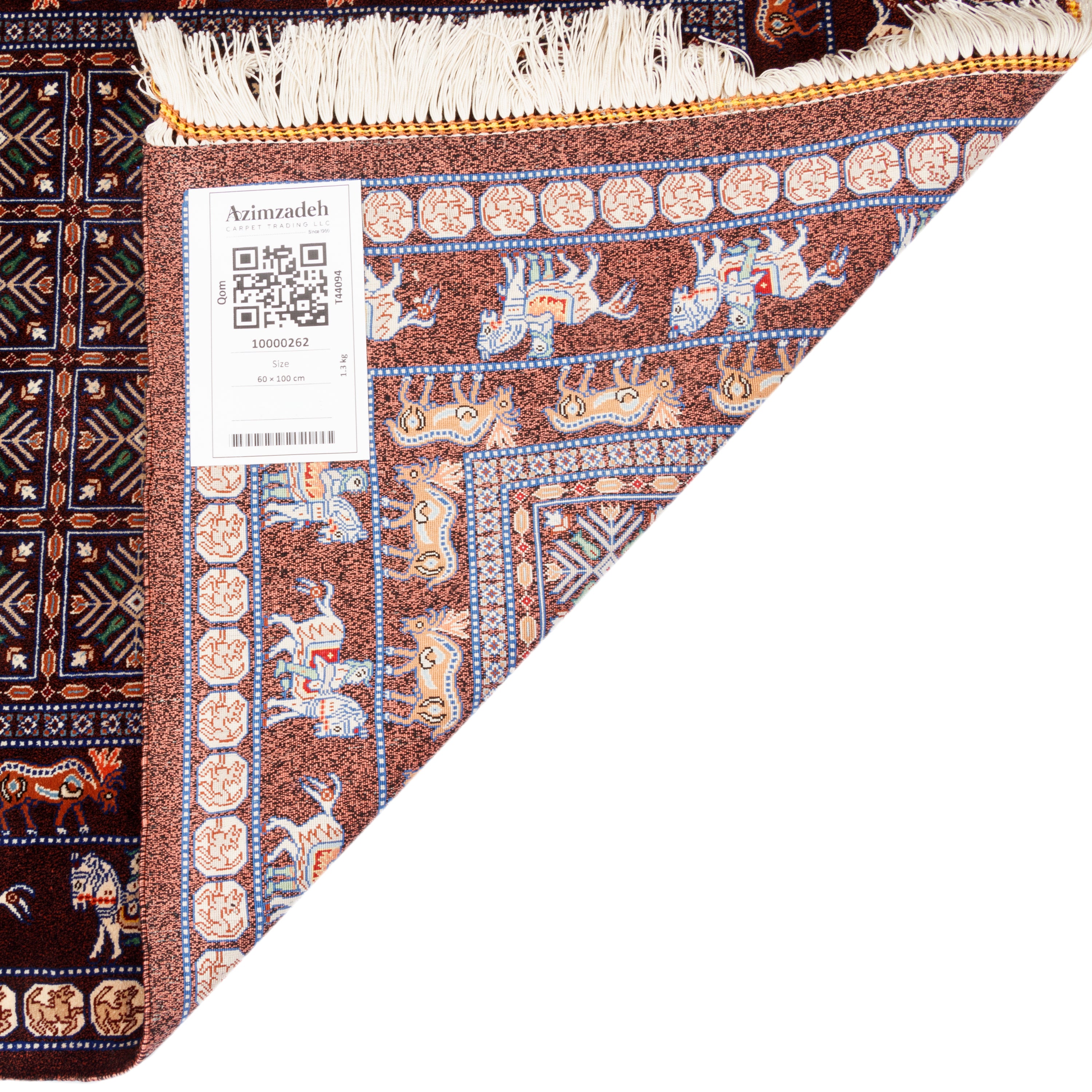 فرش دستباف قم — طرح خشتی | تمام ابریشم | 100 × 60 سانتیمتر | کد محصول 10000262