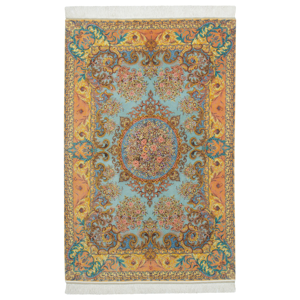 Qom Handmade Carpet by Seyed Morteza Mirmehdi, Medallion and Corner, Silk, Gray, 105 × 160 cm — 1016876