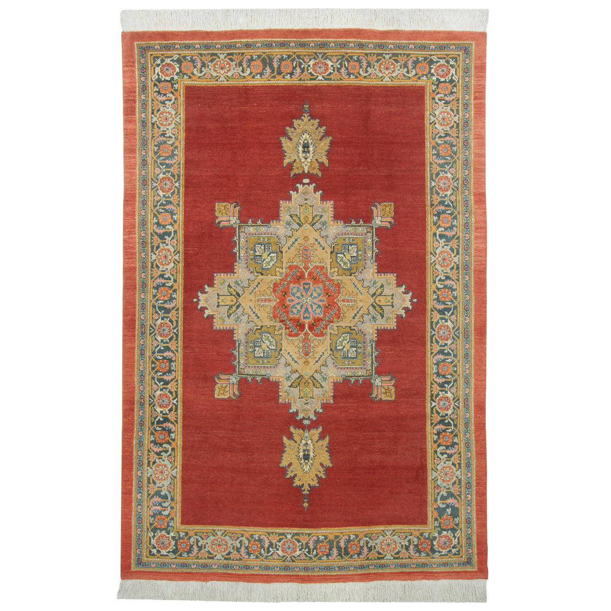 Tabriz Handmade Carpet, Central Medallion, Wool, Lacquer Red, 202 × 305 cm — 1016697