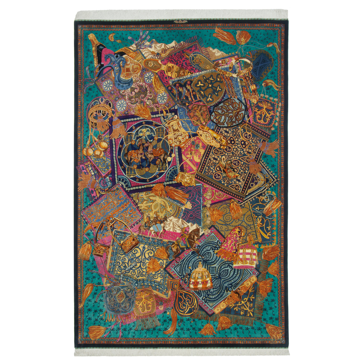 فرش دستباف طرح سراسر تمام ابریشم الوان قم اثر حسین کاشی زاده 202 × 309 سانتیمتر کد 1016541