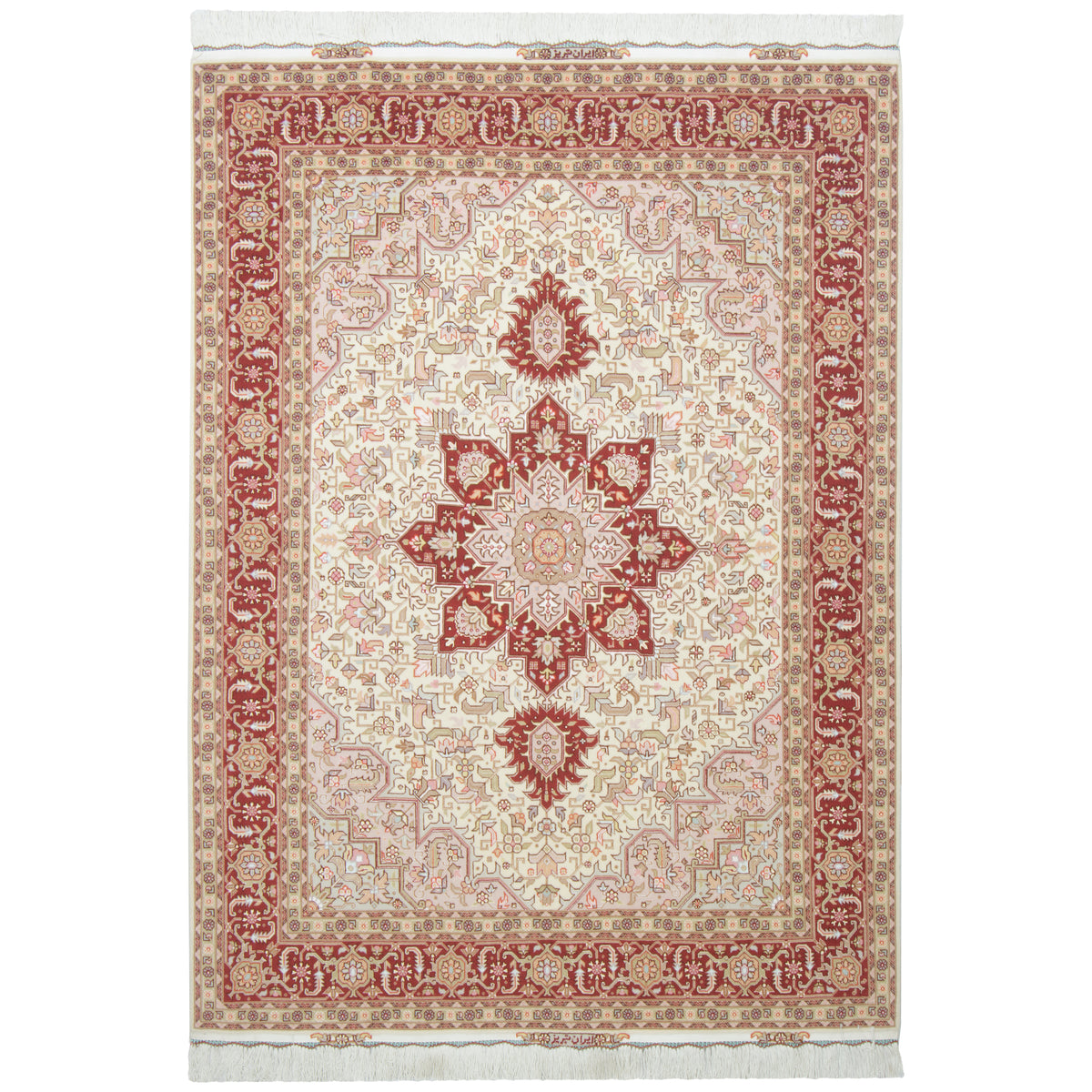 Heriz Handmade Carpet by Tabriz, Medallion and Corner, Wool & Silk on Cotton, Ivory, 150 × 207 cm — 1016813