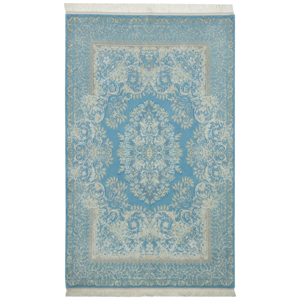 Qom Handmade Carpet by Mirmehdi, Medallion and Corner, Silk, Blue, 140 × 223 cm — 1016761