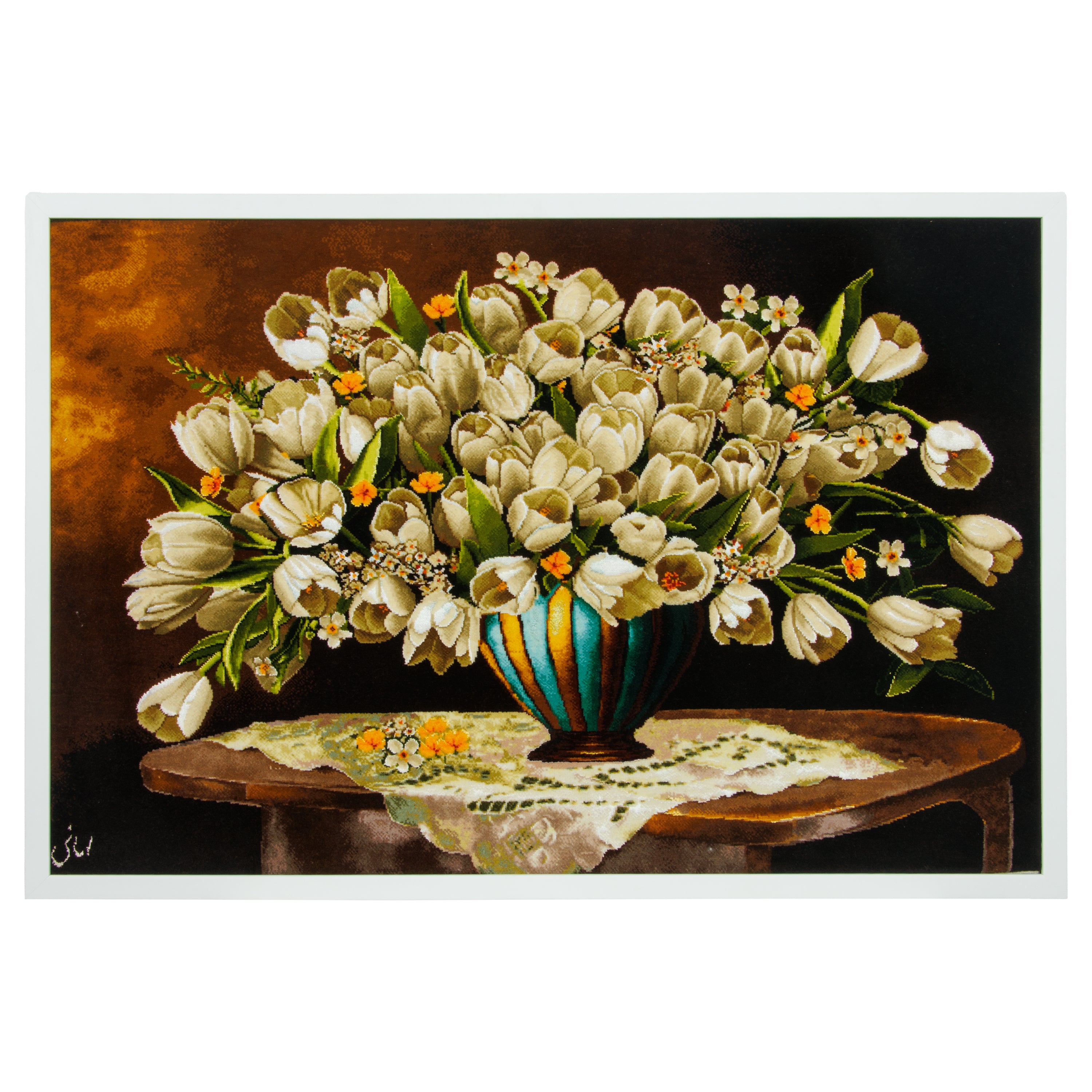 لوحة جدارية من السجاد اليدوي التبريزي — ساراسار | وبر حريري / سدى حريري | 69 × 107 سم | SKU 70001571