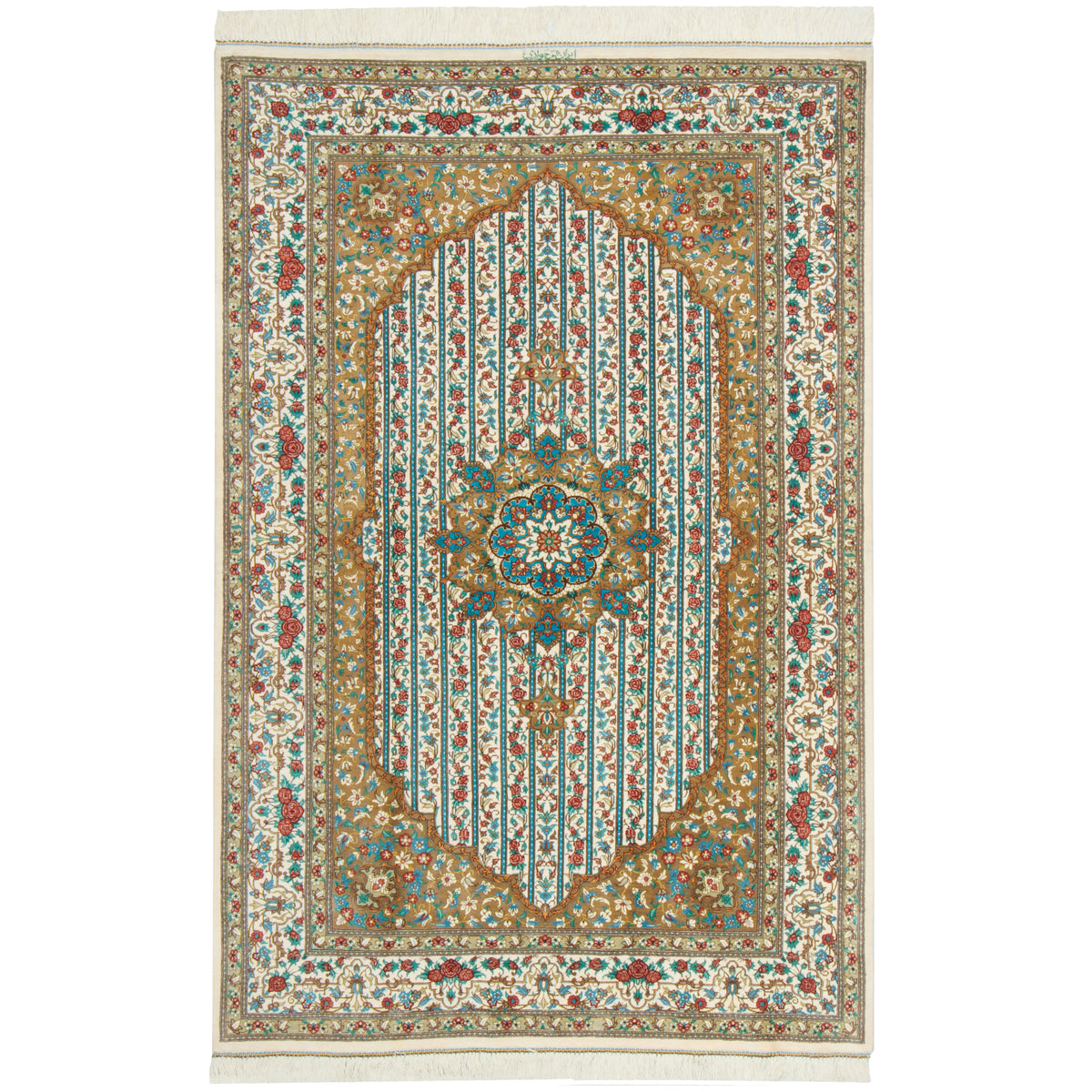 فرش دستباف طرح لچک ترنج تمام ابریشم قهوه ای قم اثر جوادی 100 × 150 سانتیمتر کد 1016988
