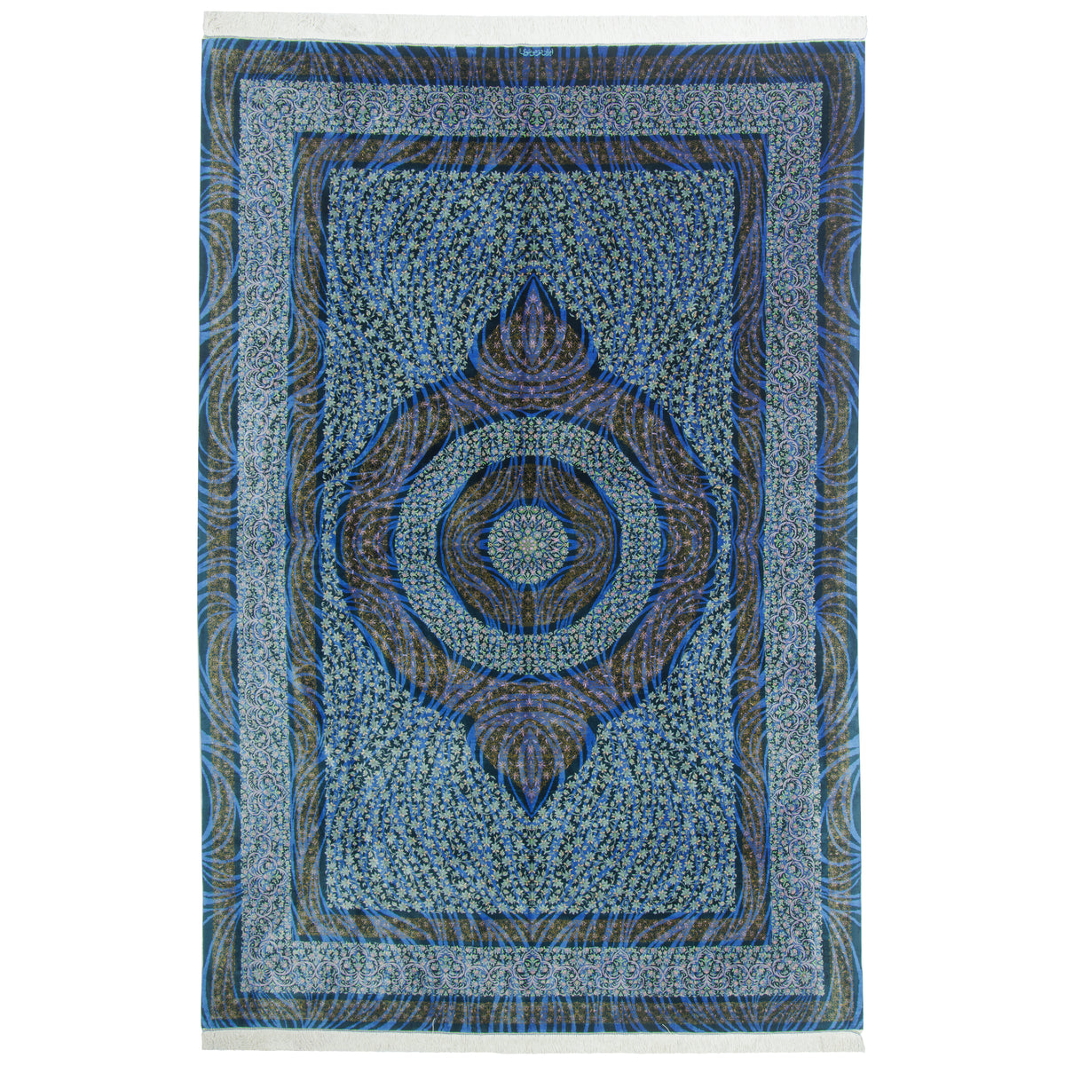 فرش دستباف طرح ترنج دار تمام ابریشم سرمه ای قم اثر موسوی 200 × 297 سانتیمتر کد 1016608
