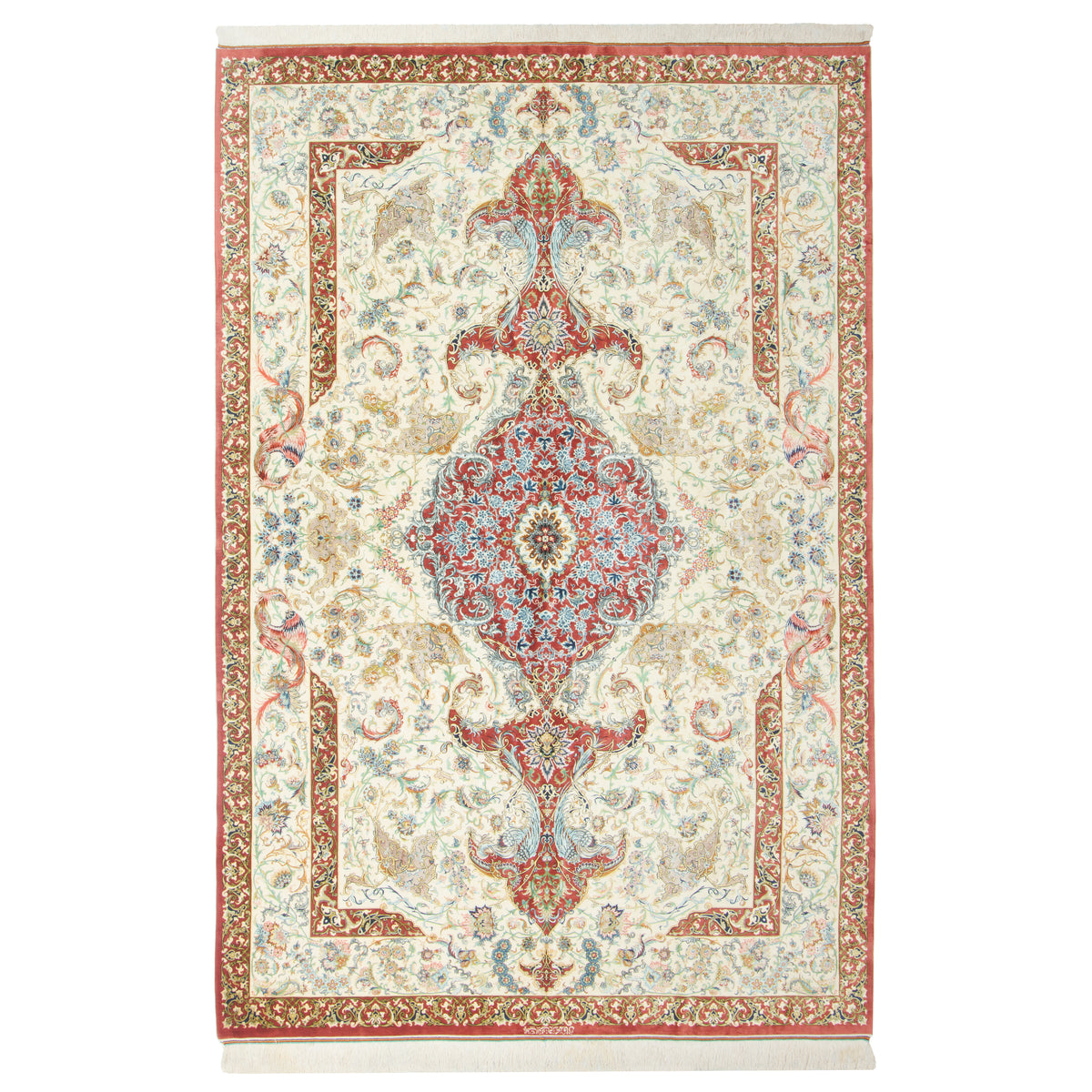 Qom Handmade Carpet by Mohammad Fani, Central Medallion, Silk, Ivory, 200 × 300 cm — 1016934