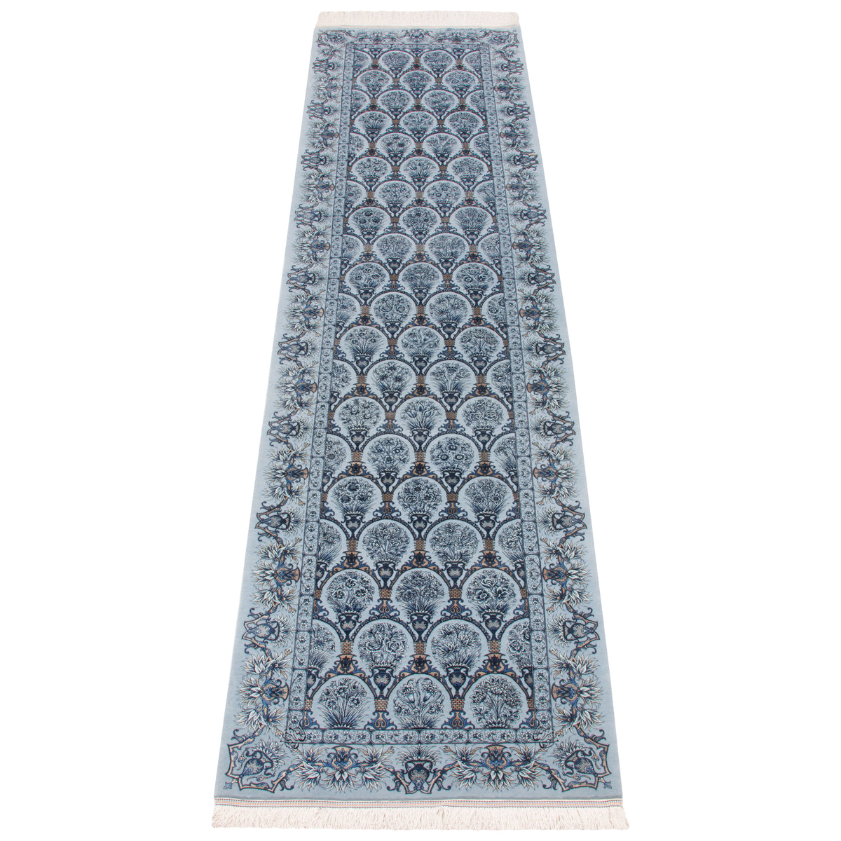 Qom Handmade Carpet by Seyed Morteza Mirmehdi, Allover, Silk, Grey, Runner, 80 × 310 cm — 1016942