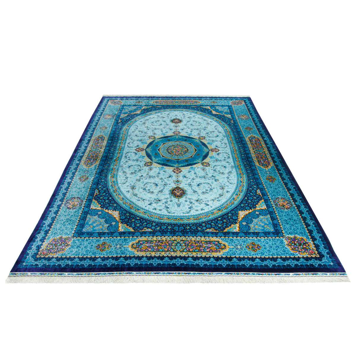 فرش دستباف طرح لچک ترنج تمام ابریشم فیروزه ای قم 350 × 520 سانتیمتر کد 1016471