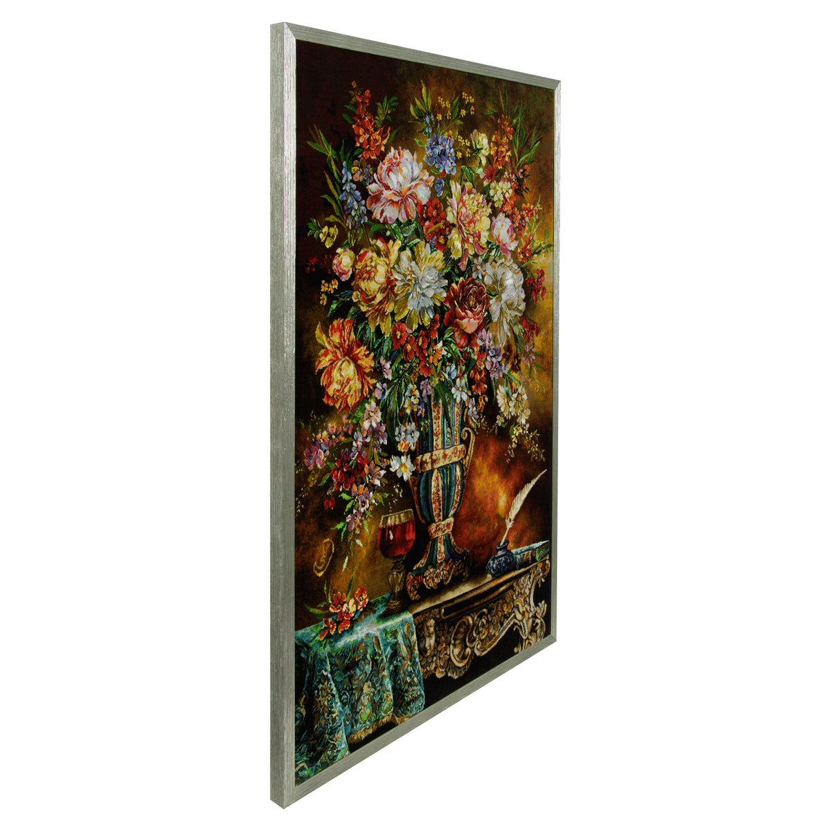 Tabriz Handmade Pictorial Carpet, Flower Vase, Wool & Silk on Silk, Colorful, 66 × 102 cm — 70001585