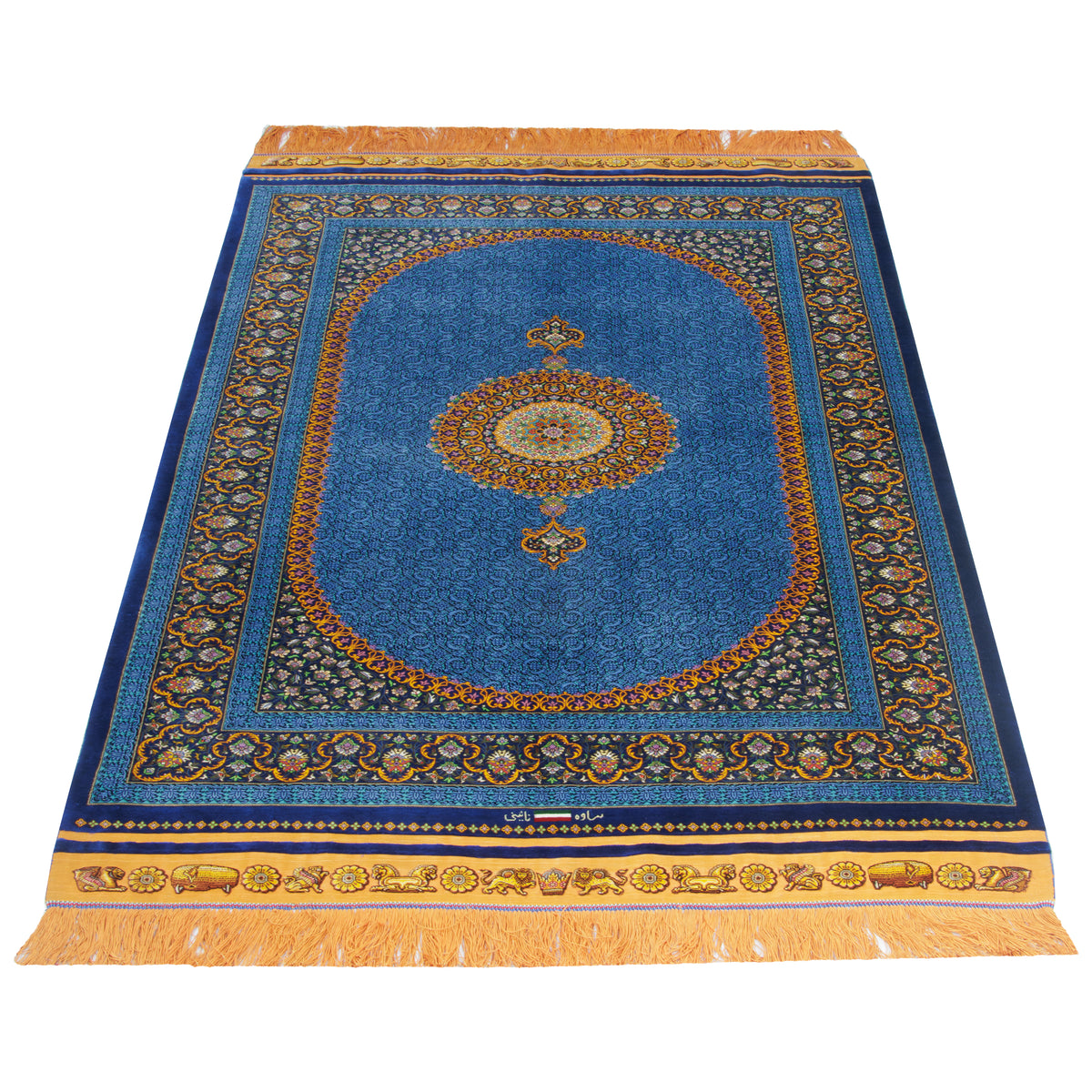 Qom Handmade Carpet by Saveh Naeini, Central Medallion, Silk, Blue, 100 × 153 cm — 1016892