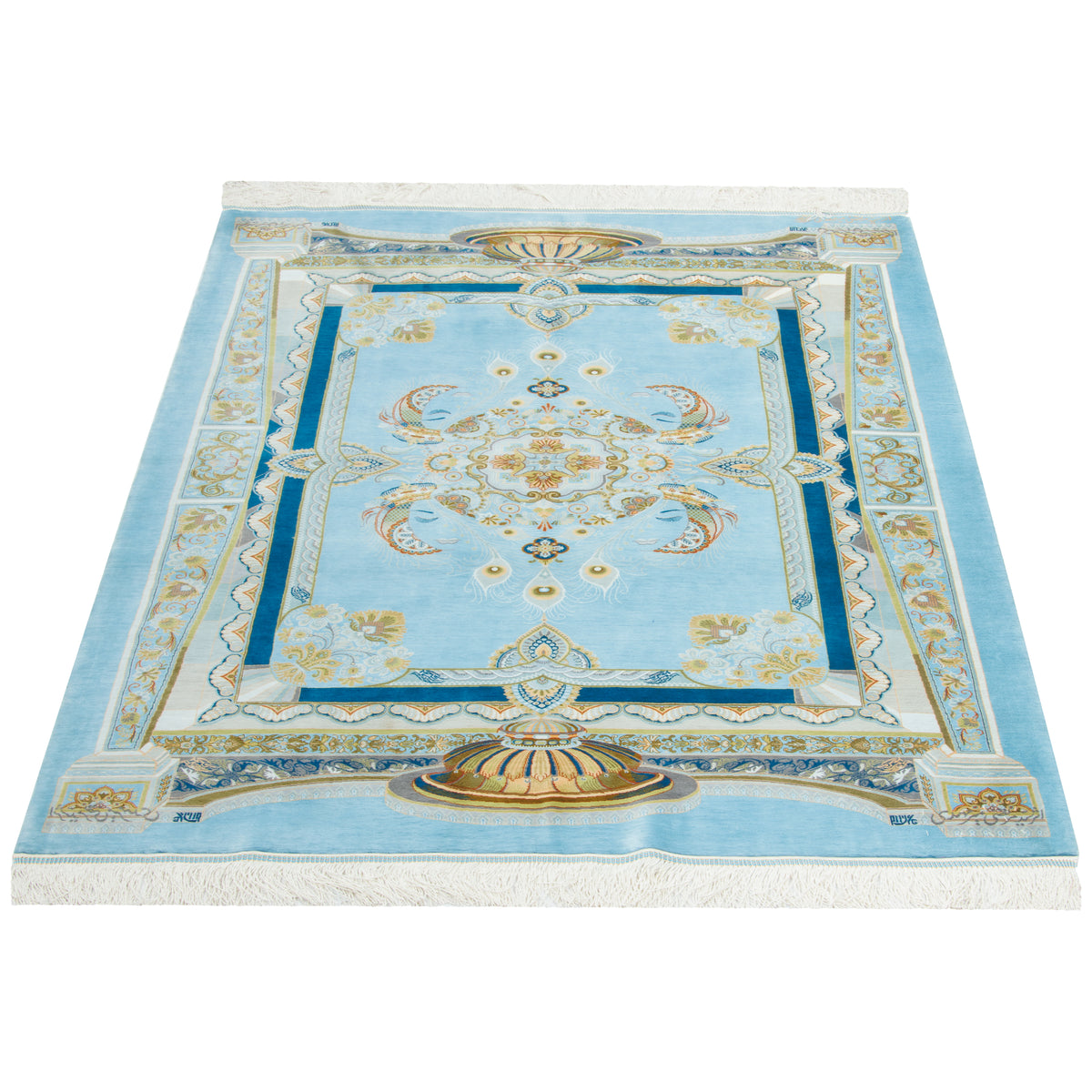 Qom Handmade Carpet by Seyed Morteza Mirmehdi, Medallion and Corner, Silk, Light Blue, 100 × 147 cm — 1016859