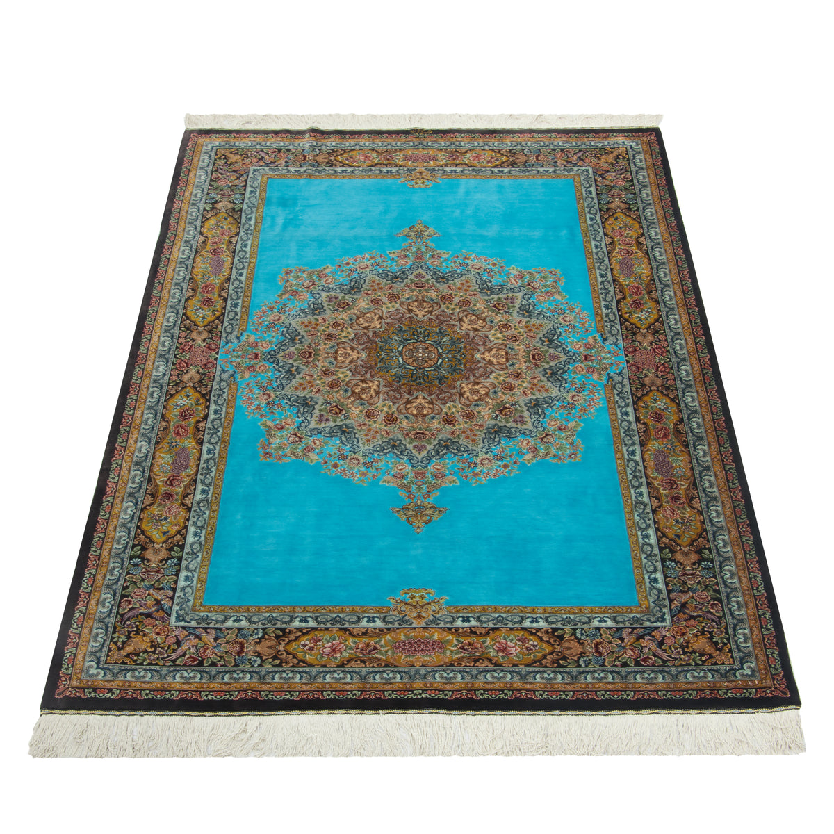 Qom Handmade Carpet by Hosein Kashizadeh, Central Medallion, Silk, Turquoise, 135 × 207 cm — 1016447