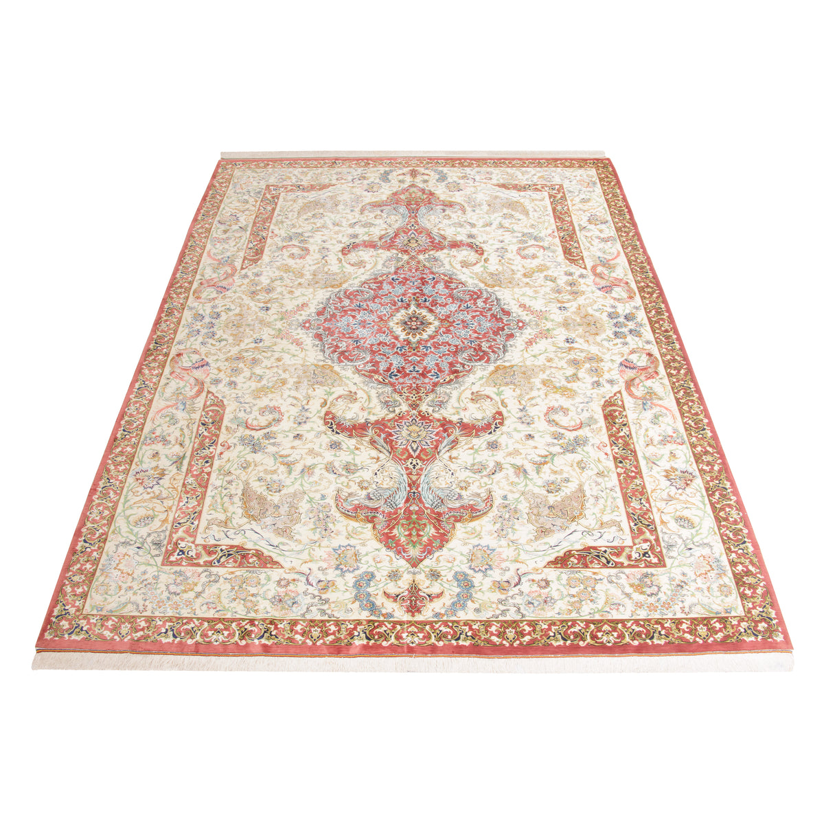 Qom Handmade Carpet by Mohammad Fani, Central Medallion, Silk, Ivory, 200 × 300 cm — 1016934