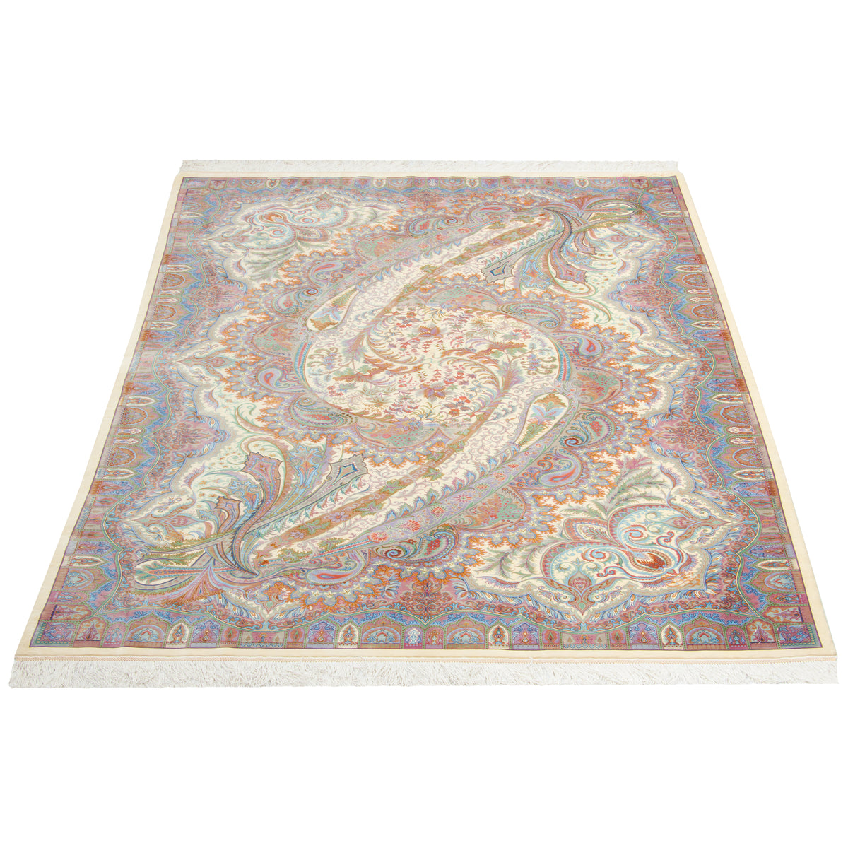 Qom Handmade Carpet by Seyed Morteza Mirmehdi, Allover, Silk, Ivory, 140 × 225 cm — 1016773