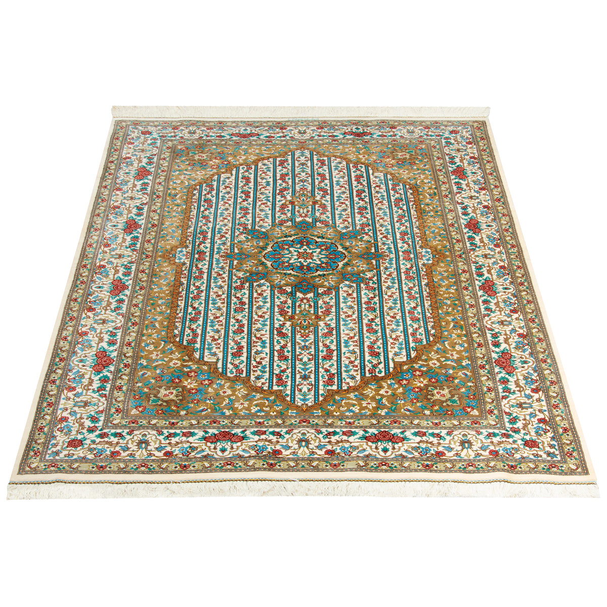 فرش دستباف طرح لچک ترنج تمام ابریشم قهوه ای قم اثر جوادی 100 × 150 سانتیمتر کد 1016988