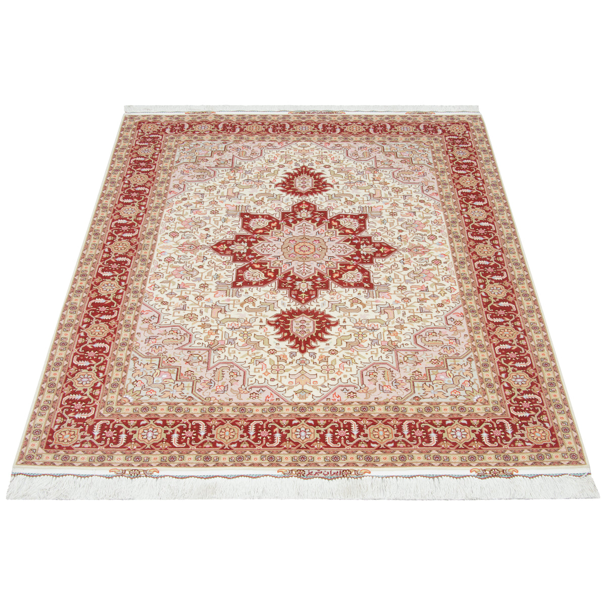 Heriz Handmade Carpet by Tabriz, Medallion and Corner, Wool & Silk on Cotton, Ivory, 150 × 207 cm — 1016813