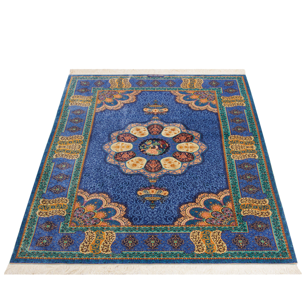 فرش دستباف طرح لچک ترنج تمام ابریشم آبی قم اثر حسین کاشی زاده 135 × 200 سانتیمتر کد 1016785