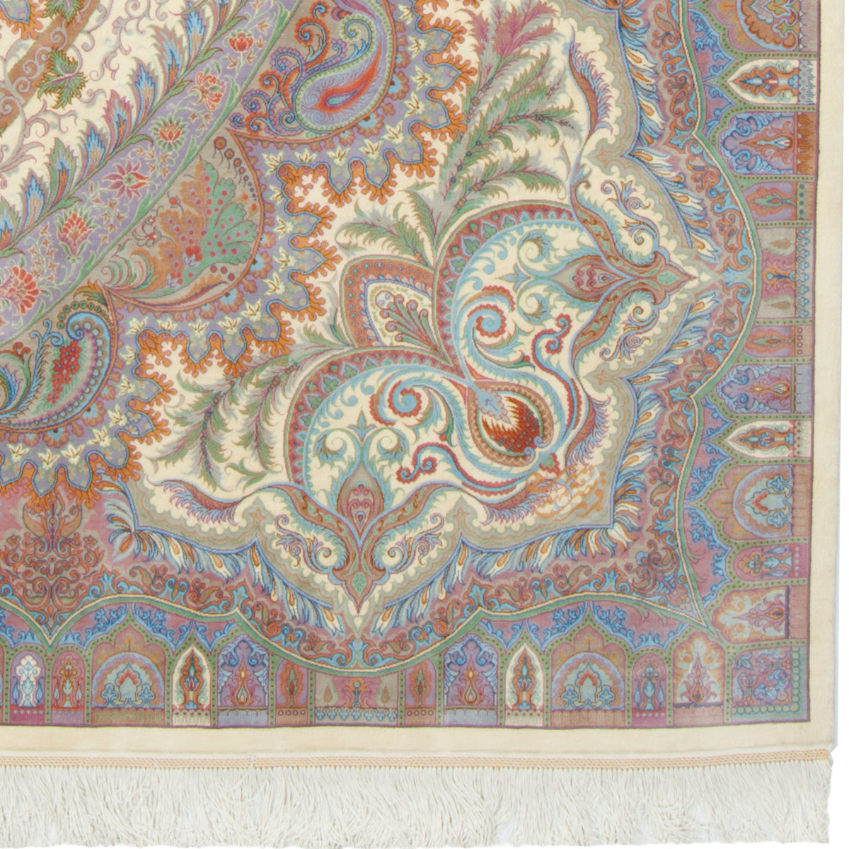 Qom Handmade Carpet by Seyed Morteza Mirmehdi, Allover, Silk, Ivory, 140 × 225 cm — 1016773