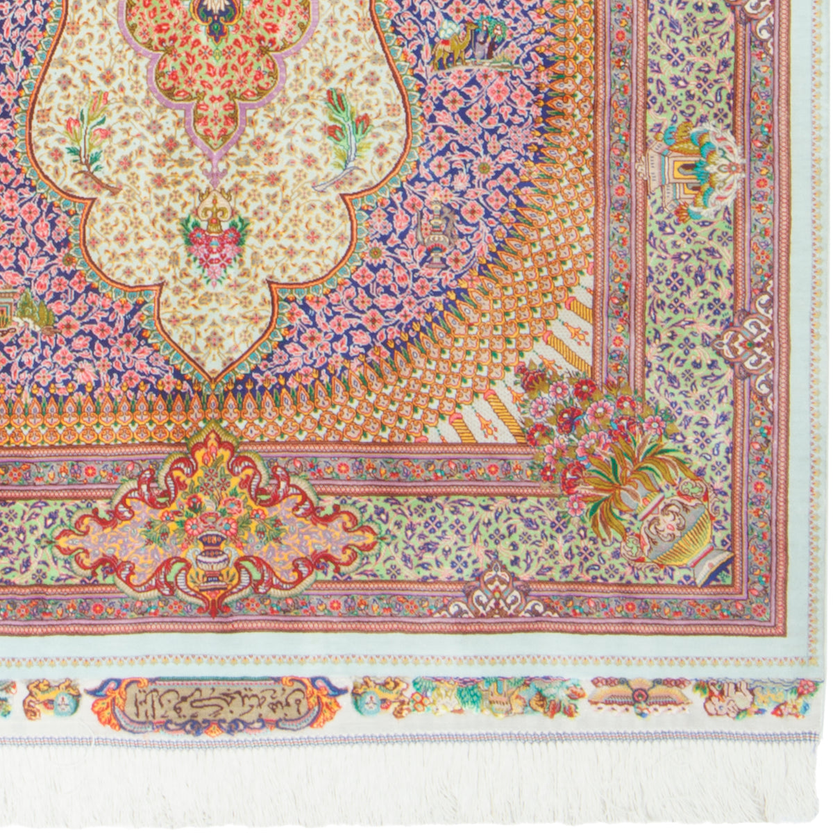 فرش دستباف طرح ترنج دار تمام ابریشم سرمه ای قم اثر گنجینه هنر 105 × 157 سانتیمتر کد 1016969