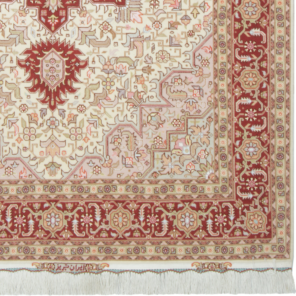 Heriz Handmade Carpet by Tabriz, Medallion and Corner, Wool & Silk on Cotton, Ivory, 150 × 207 cm — 1016813