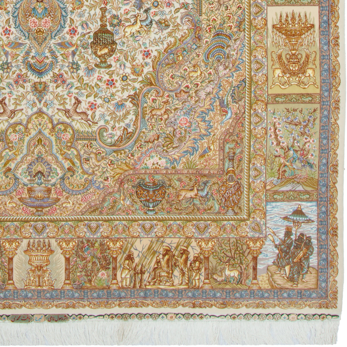 فرش دستباف طرح لچک ترنج گل ابریشم چله ابریشم کرم تبریز اثر رسول نامی 200 × 305 سانتیمتر کد 10600959