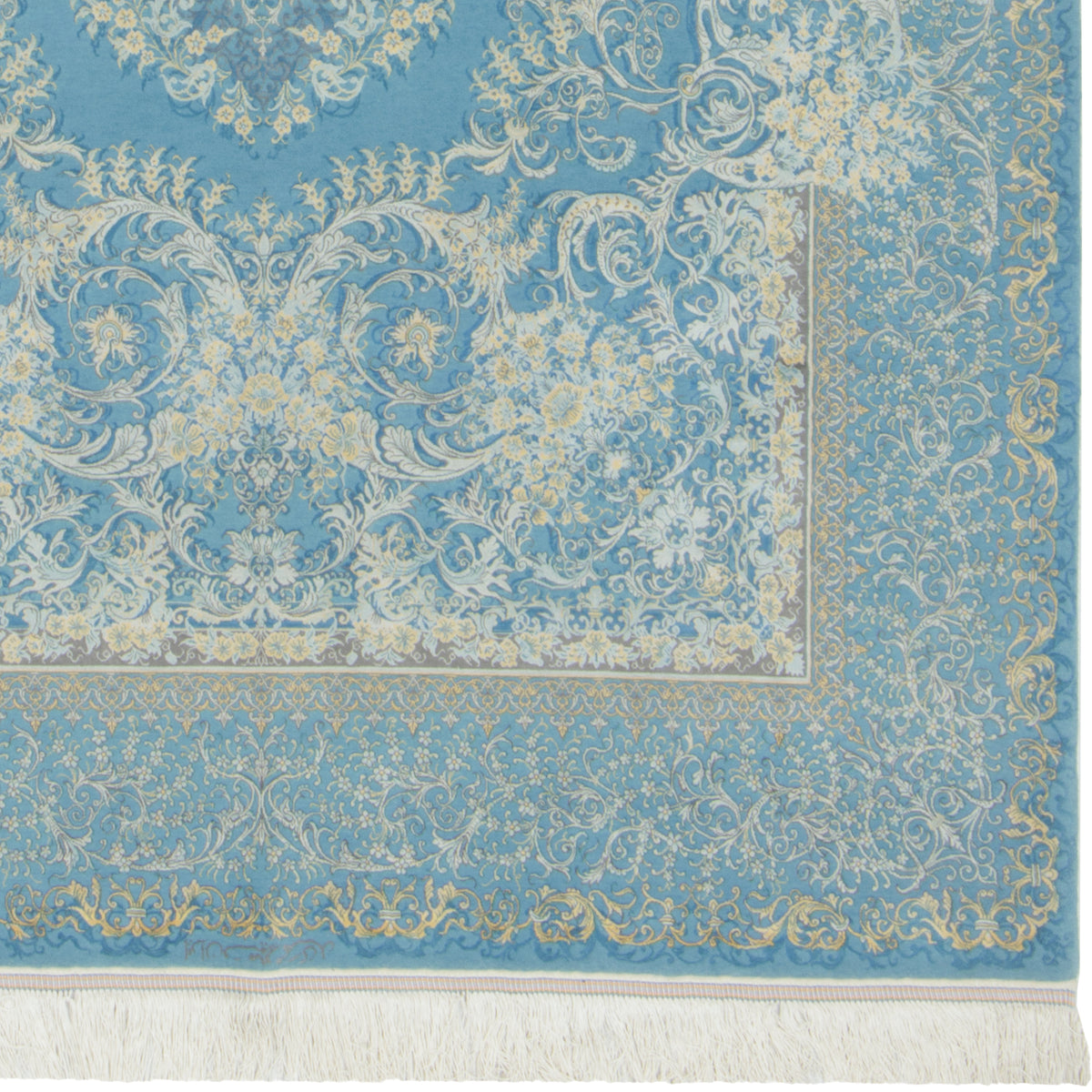 Qom Handmade Carpet by Mirmehdi, Medallion and Corner, Silk, Blue, 140 × 223 cm — 1016761