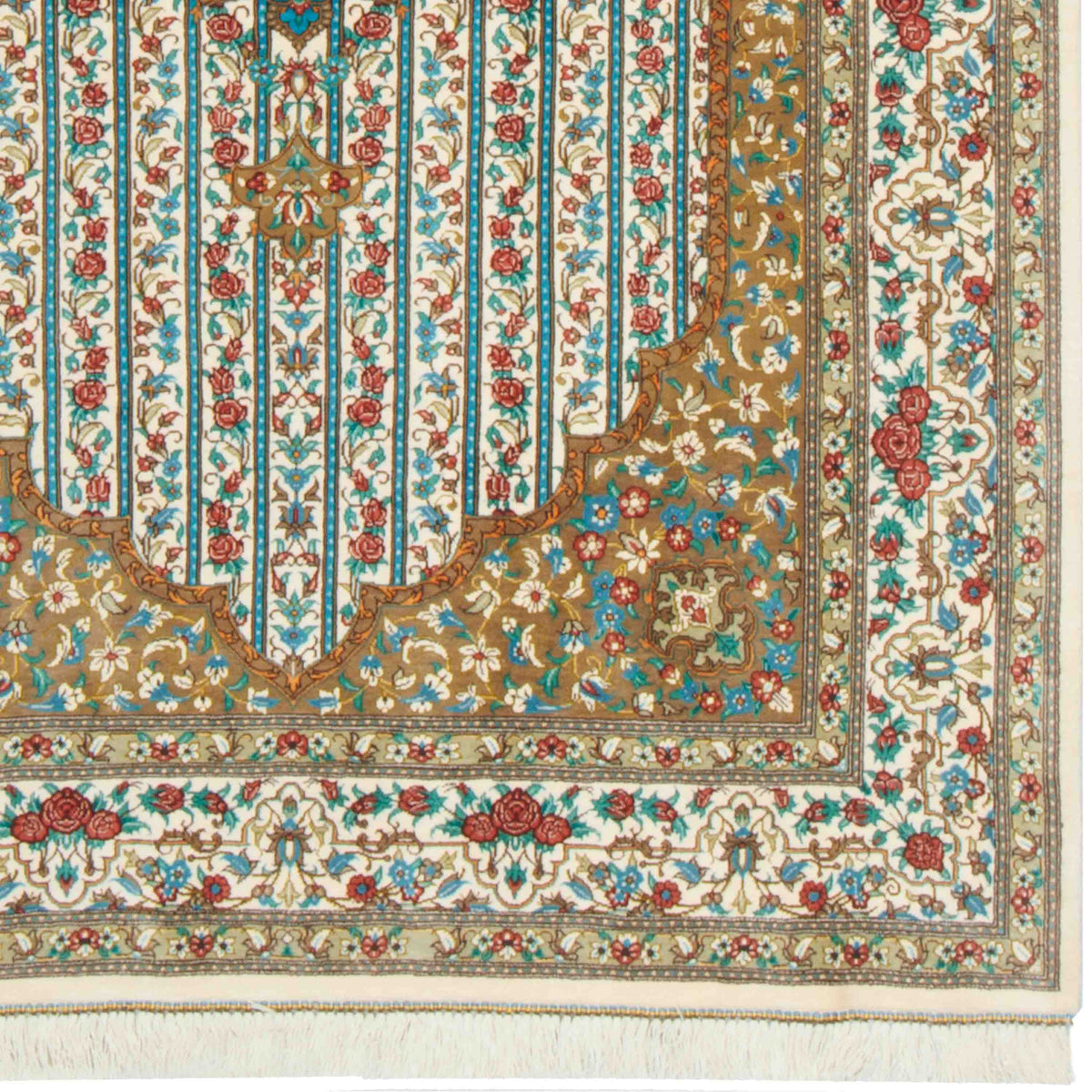 فرش دستباف طرح لچک ترنج تمام ابریشم قهوه ای قم اثر جوادی 100 × 150 سانتیمتر کد 1016988