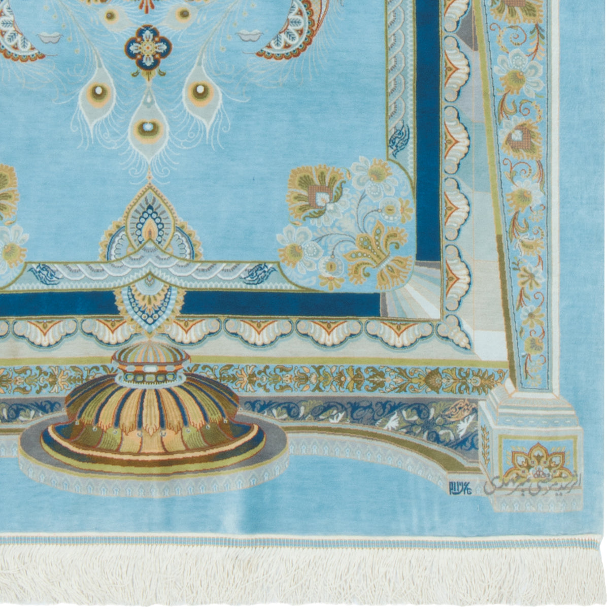 Qom Handmade Carpet by Seyed Morteza Mirmehdi, Medallion and Corner, Silk, Light Blue, 100 × 147 cm — 1016859