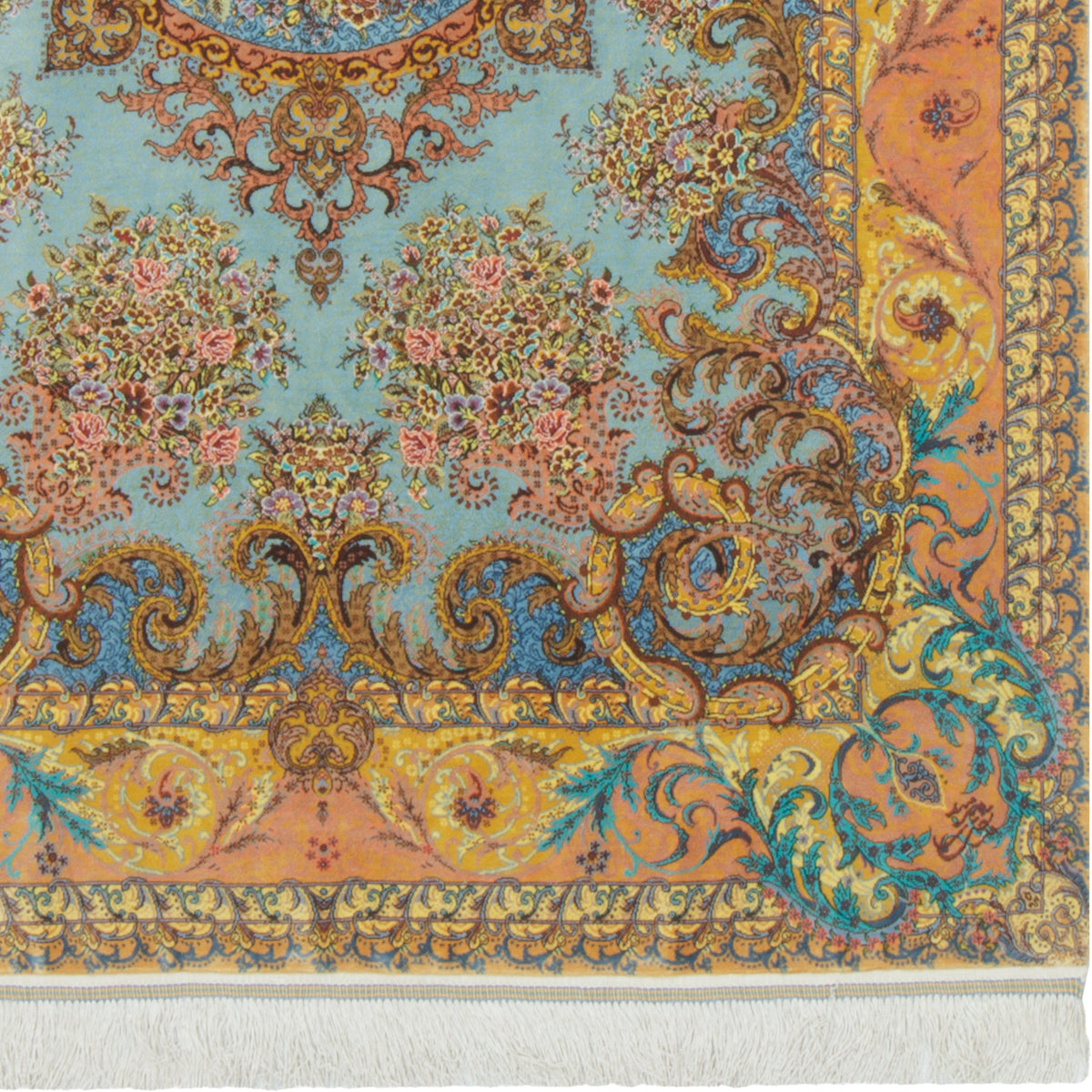 Qom Handmade Carpet by Seyed Morteza Mirmehdi, Medallion and Corner, Silk, Gray, 105 × 160 cm — 1016876