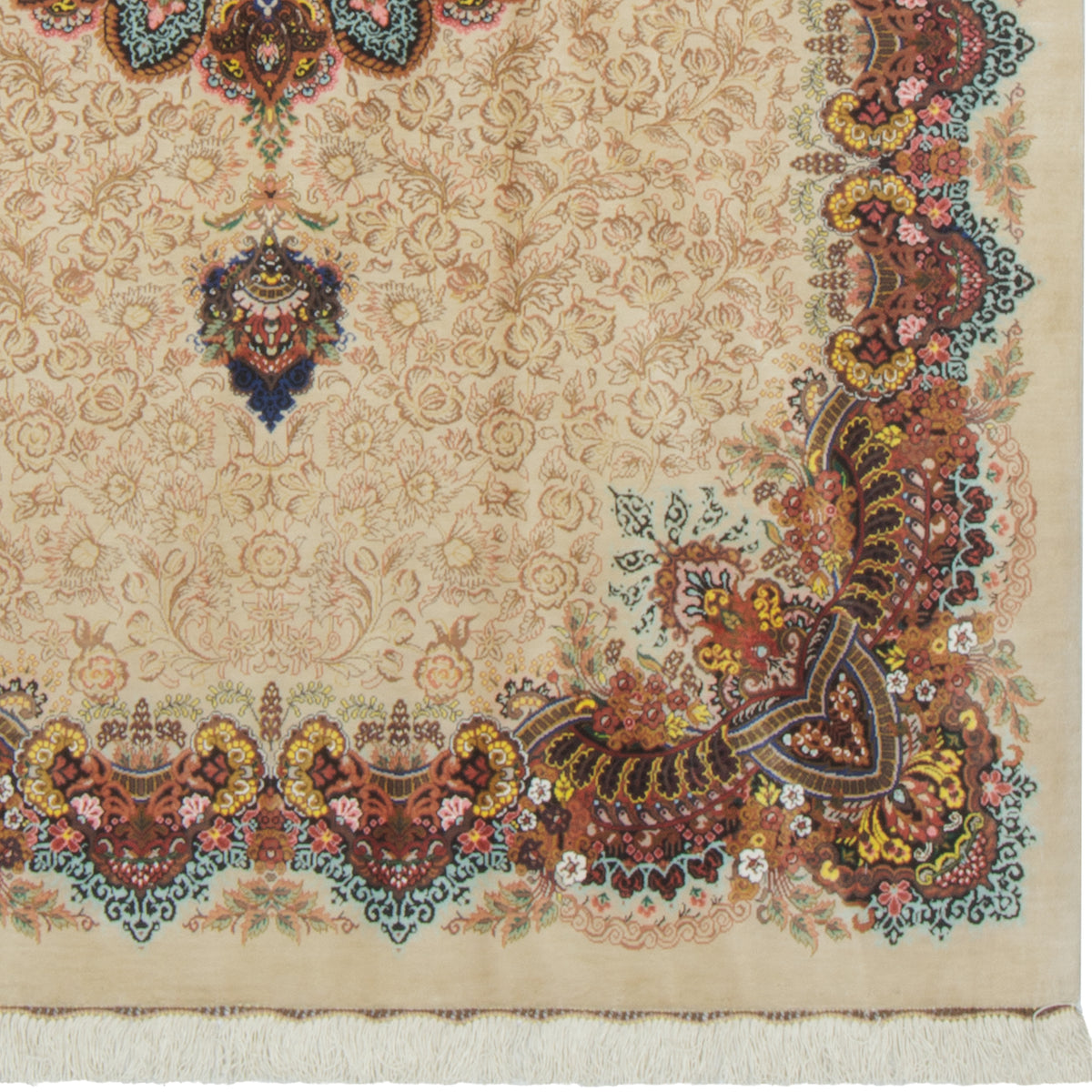 فرش دستباف طرح لچک ترنج تمام ابریشم نخودی قم اثر احمدی 105 × 160 سانتیمتر کد 1017016
