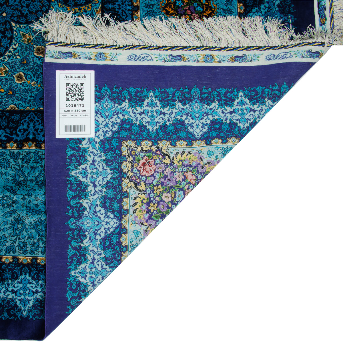 فرش دستباف طرح لچک ترنج تمام ابریشم فیروزه ای قم 350 × 520 سانتیمتر کد 1016471
