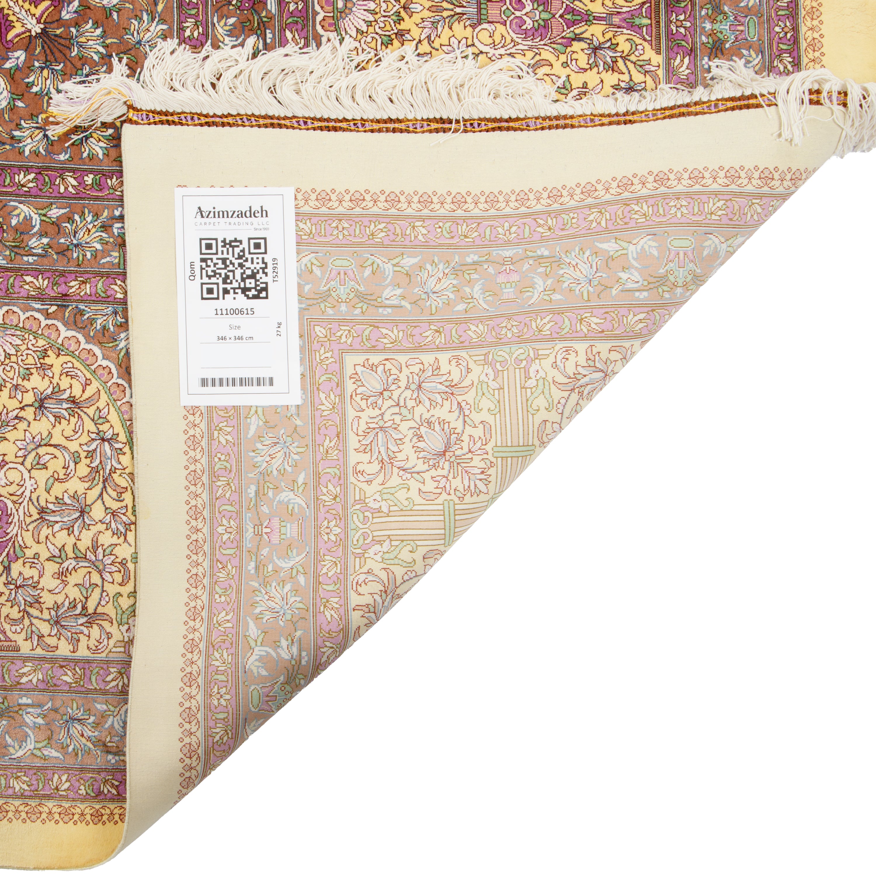 Qom Handmade Carpet — Gonbadi | Full Silk | 346 × 346 cm | SKU 11100615