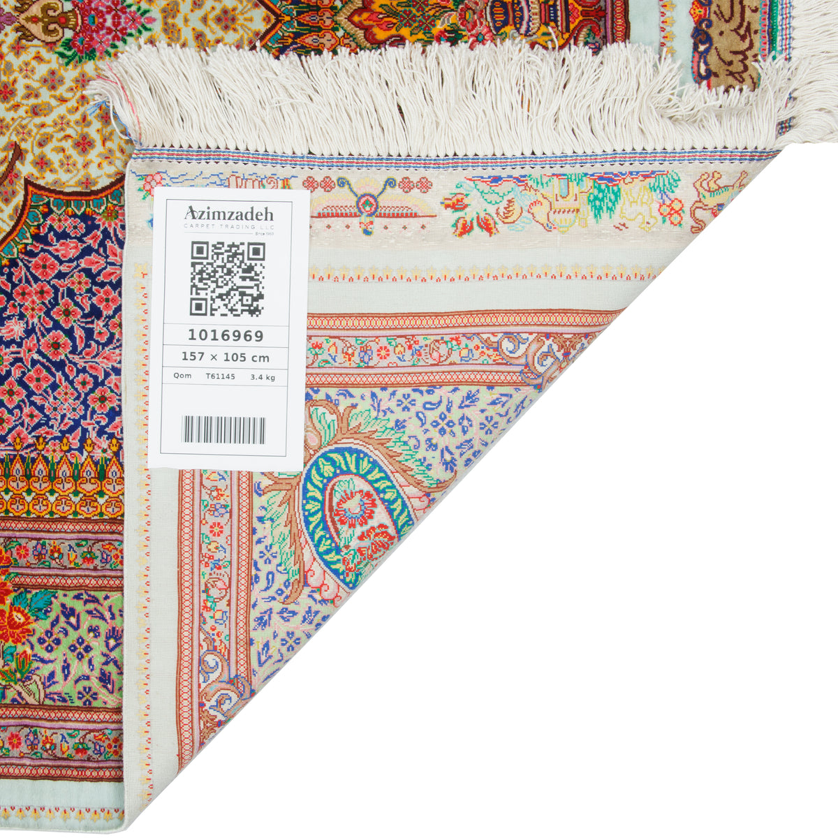 فرش دستباف طرح ترنج دار تمام ابریشم سرمه ای قم اثر گنجینه هنر 105 × 157 سانتیمتر کد 1016969