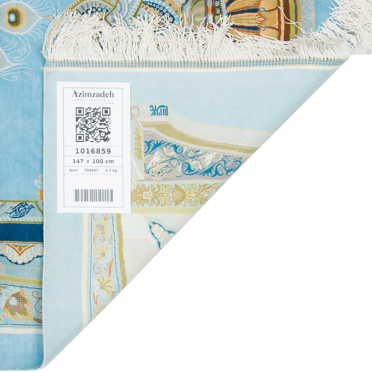 Qom Handmade Carpet by Seyed Morteza Mirmehdi, Medallion and Corner, Silk, Light Blue, 100 × 147 cm — 1016859