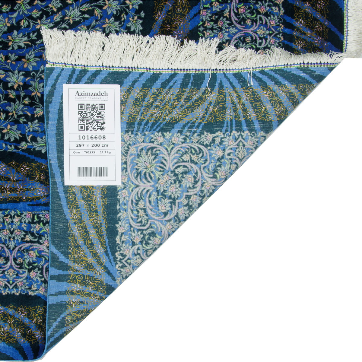 فرش دستباف طرح ترنج دار تمام ابریشم سرمه ای قم اثر موسوی 200 × 297 سانتیمتر کد 1016608
