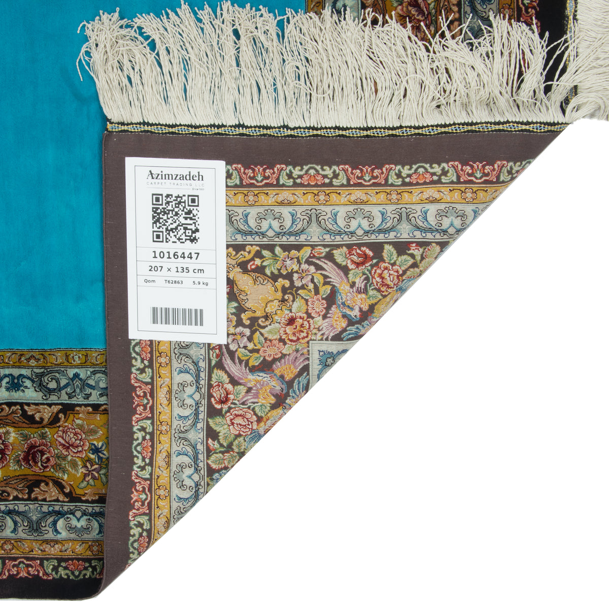 Qom Handmade Carpet by Hosein Kashizadeh, Central Medallion, Silk, Turquoise, 135 × 207 cm — 1016447