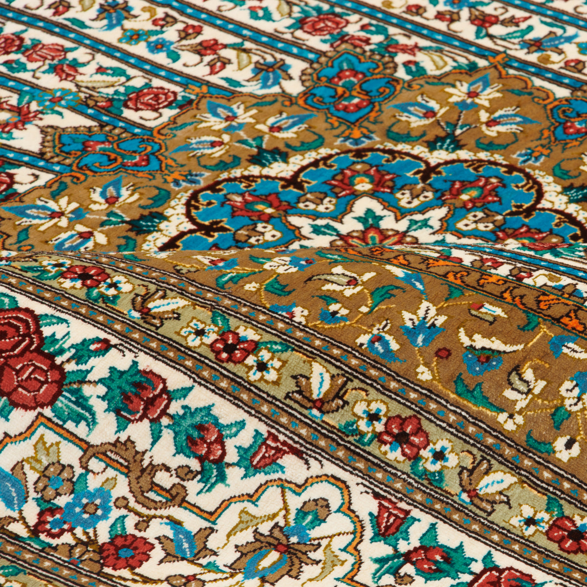 فرش دستباف طرح لچک ترنج تمام ابریشم قهوه ای قم اثر جوادی 100 × 150 سانتیمتر کد 1016988